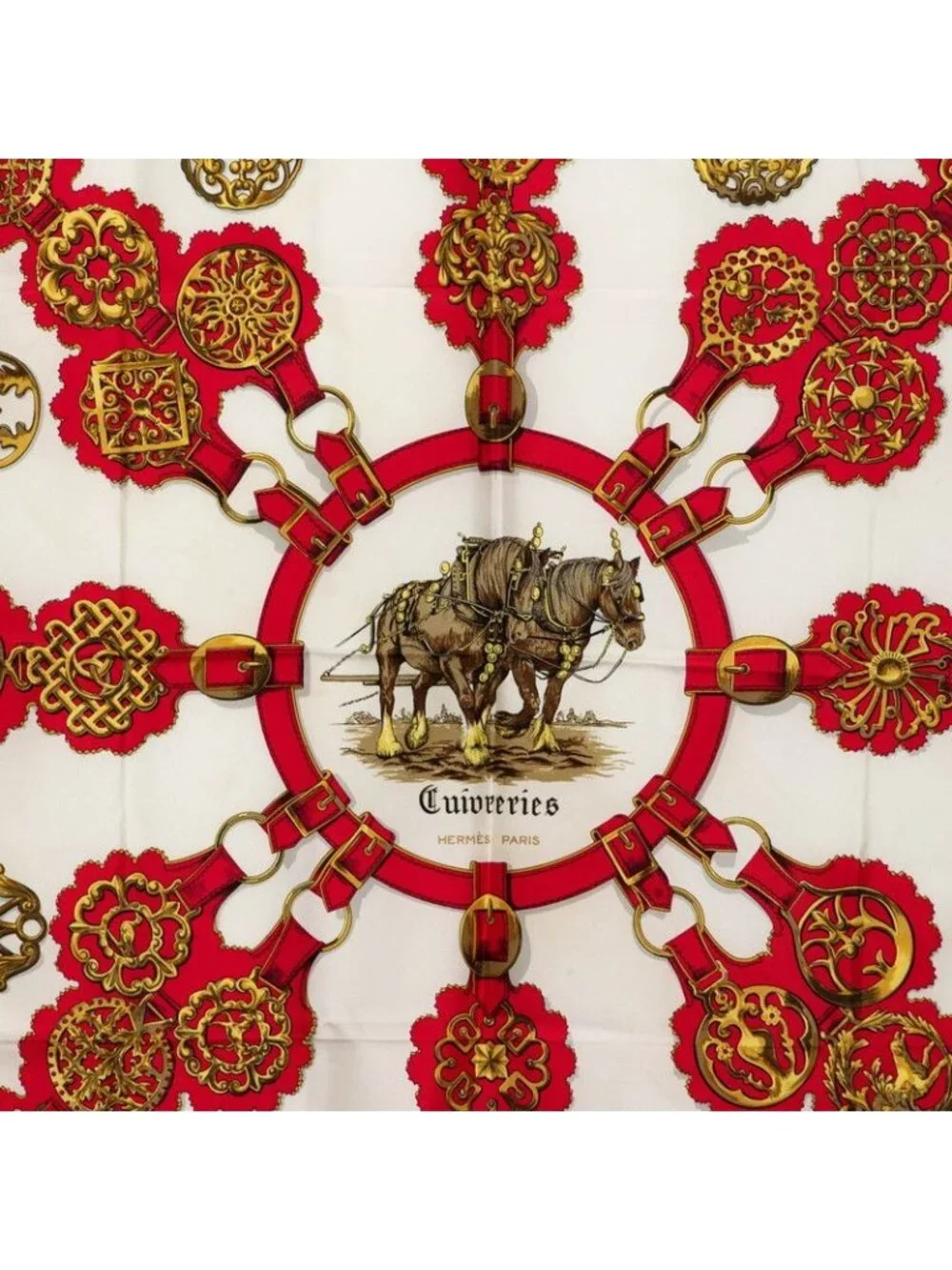 Hermes Carre 90 Cuivreries Copperwork Scarf Navy Red White Silk
